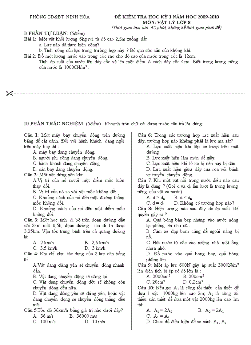 image for page Đề kiểm tra học kì môn lý lớp 8