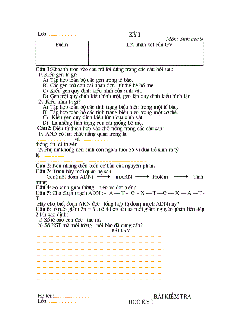 image for page Đề kiểm tra Học Kỳ I môn Lý Sinh Hoá Công nghệ các kối lớp 6 7 8 9