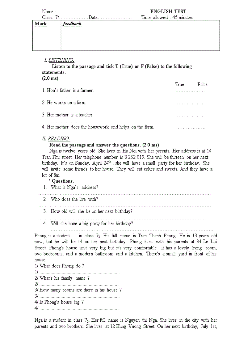 image for page De kiem tra Tieng Anh 7 Lan I