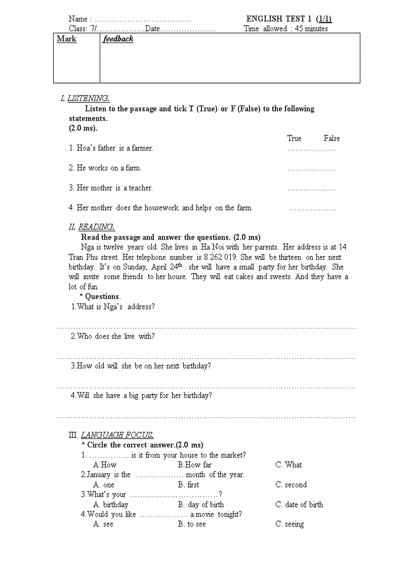 image for page De kiem tra Tieng Anh 7 Lan I