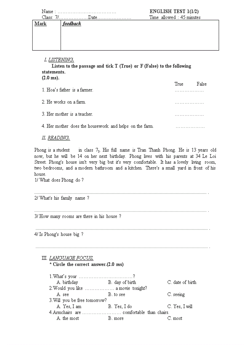 image for page De kiem tra Tieng Anh 7 Lan I