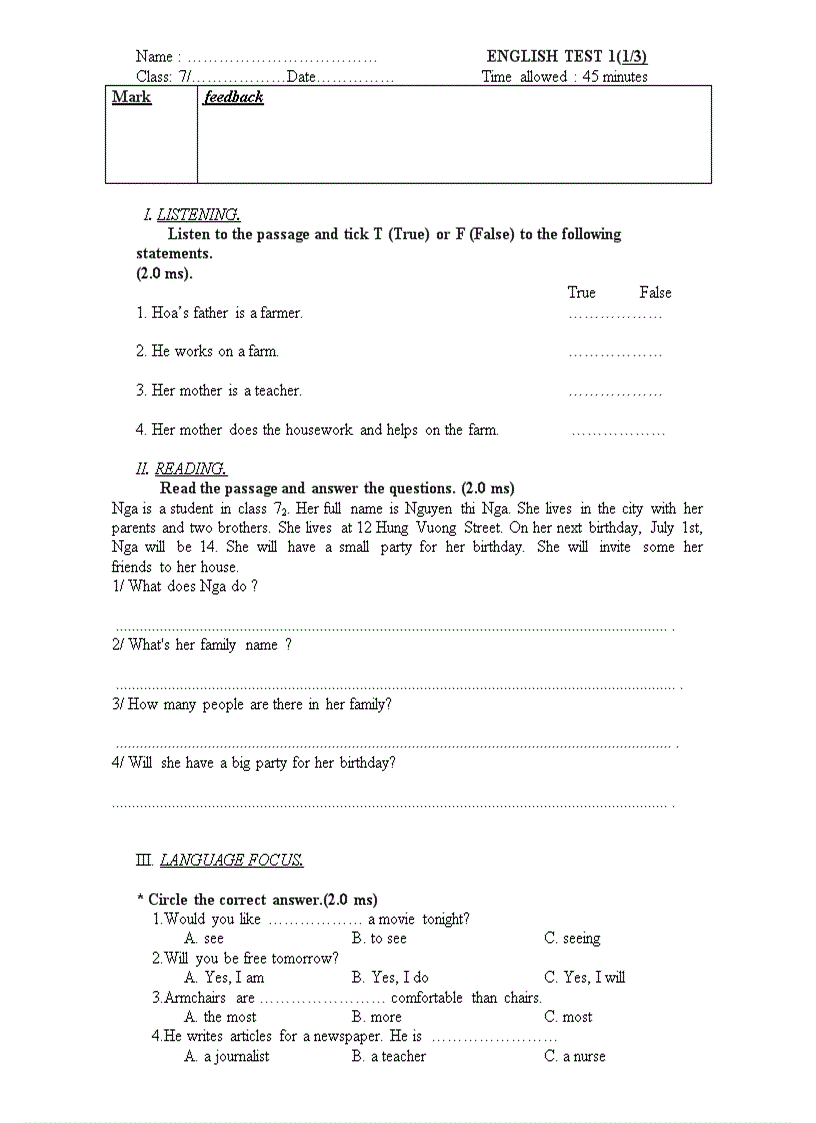 image for page De kiem tra Tieng Anh 7 Lan I