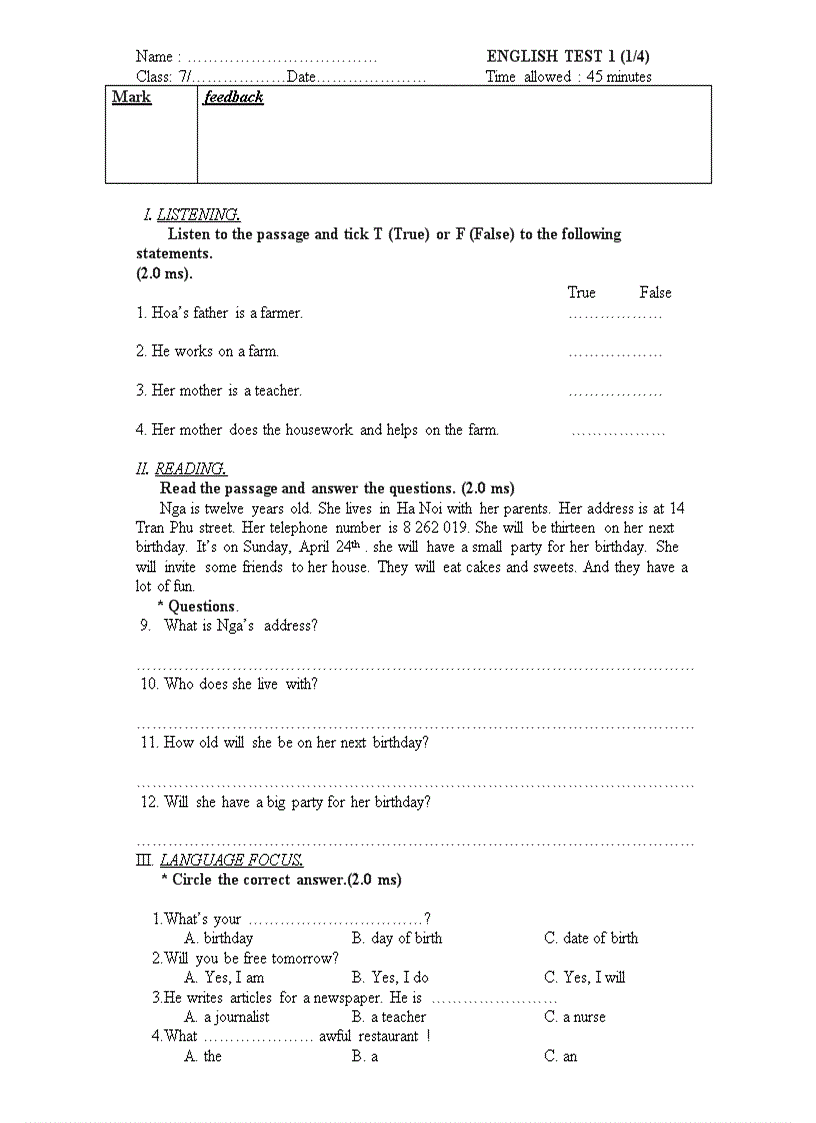 image for page De kiem tra Tieng Anh 7 Lan I