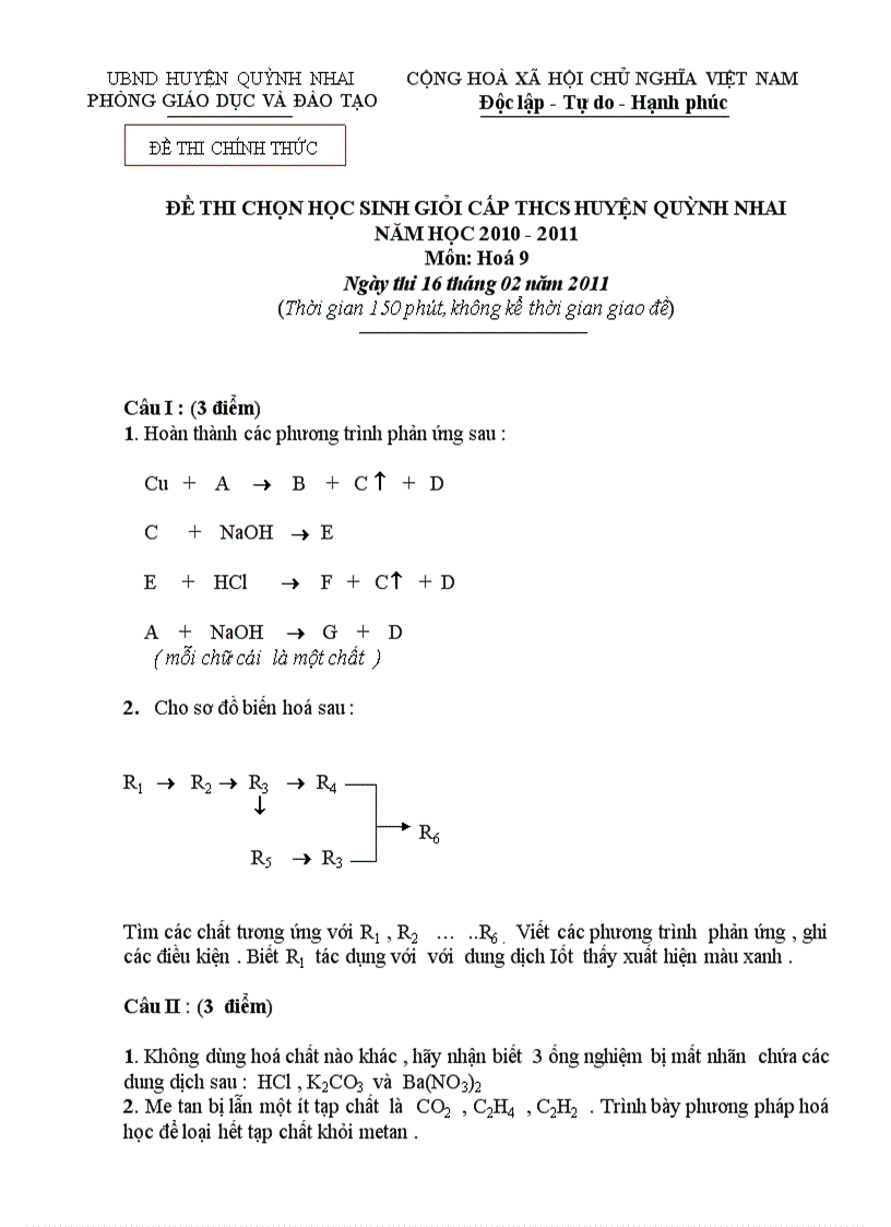 image for page Đề thi chọn HSG Hóa 9 năm 2010 2011