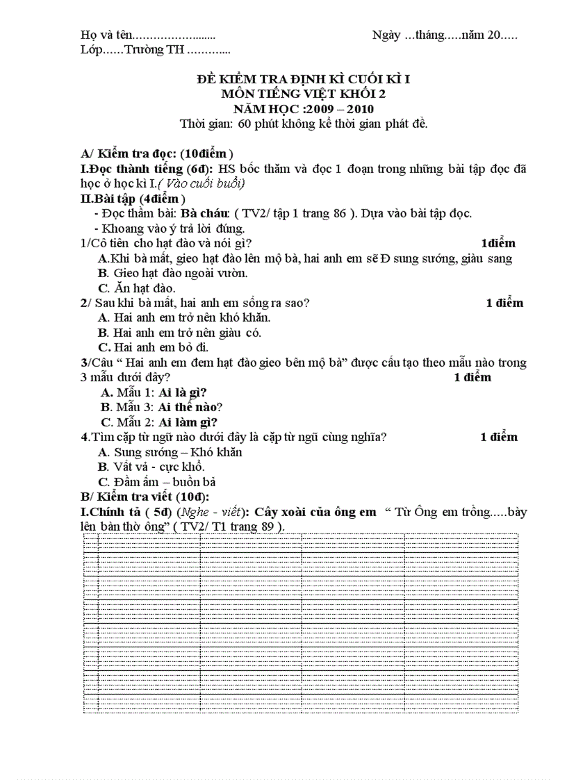 image for page Đề thi CKI môn Tiếng Việt lớp 2 theo CKTKN