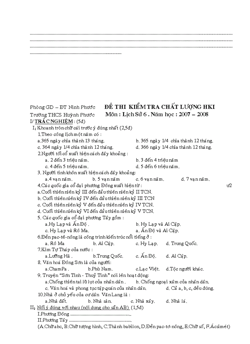 Đề thi đáp án HKII lịch sử lớp 6 đề 2