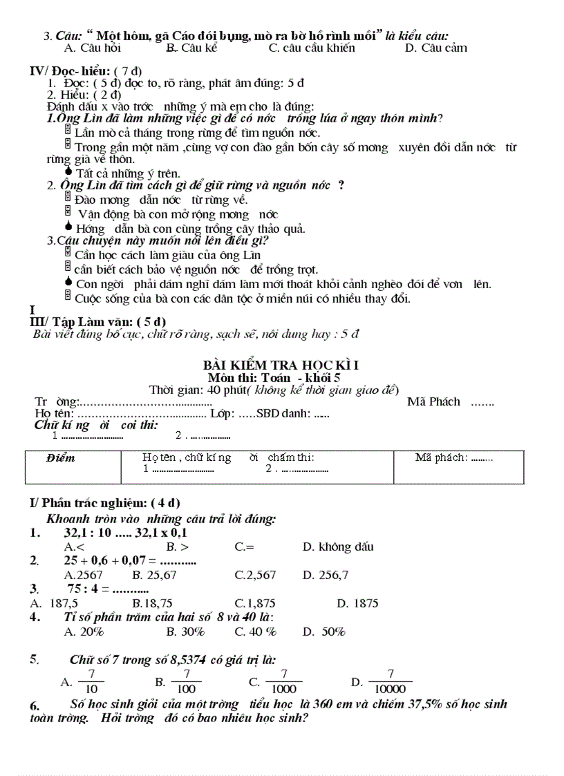 image for page Đề thi HKI các lớp tiểu học có đáp án