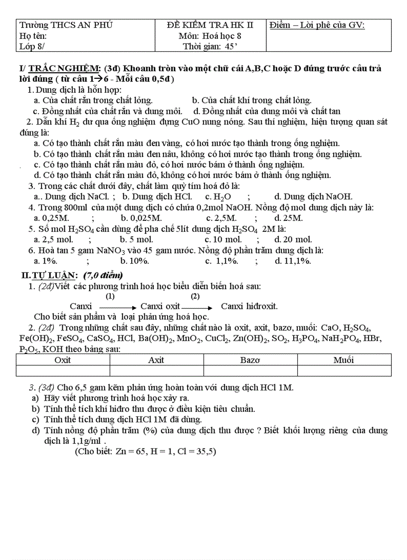 image for page Đề Thi HKII Hóa 8