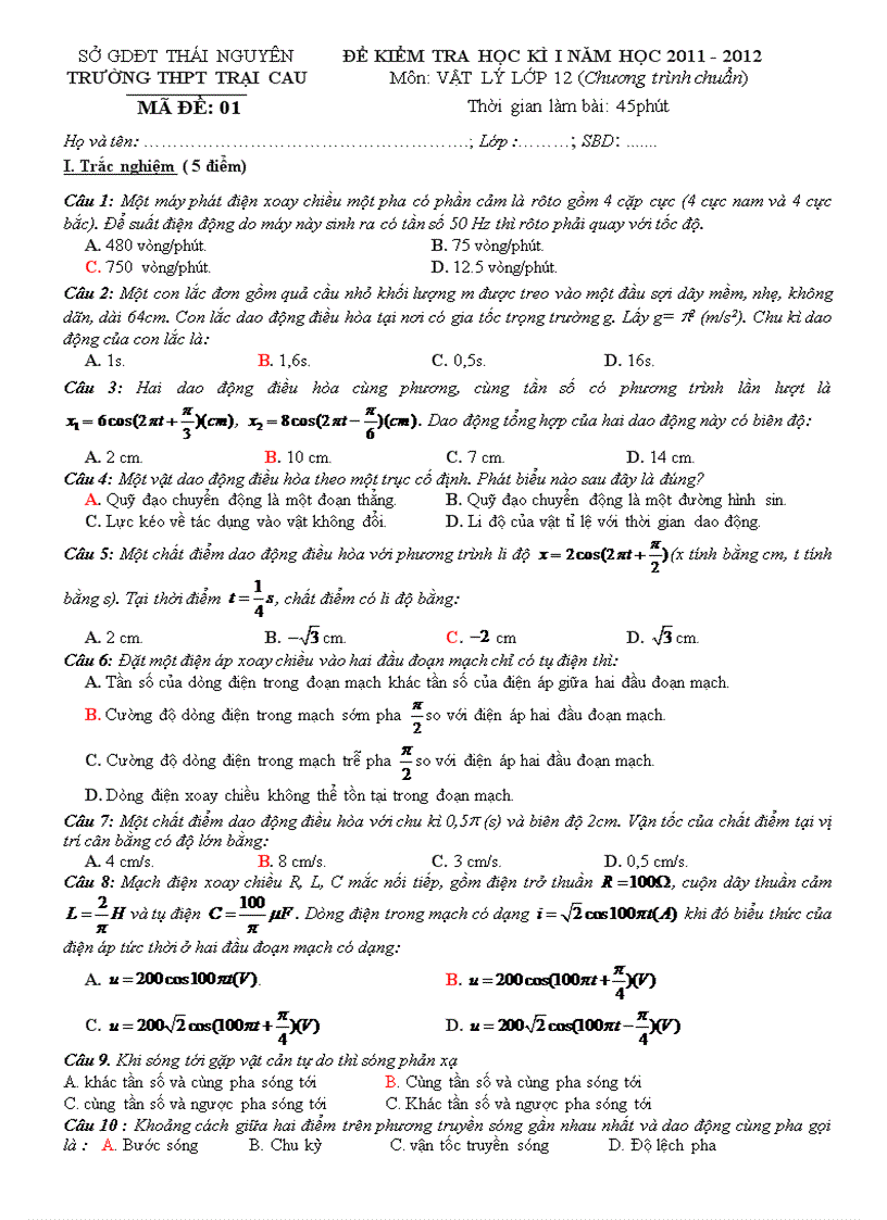 image for page De thi hoc kỳ I mon vat lý 12 4 ma de