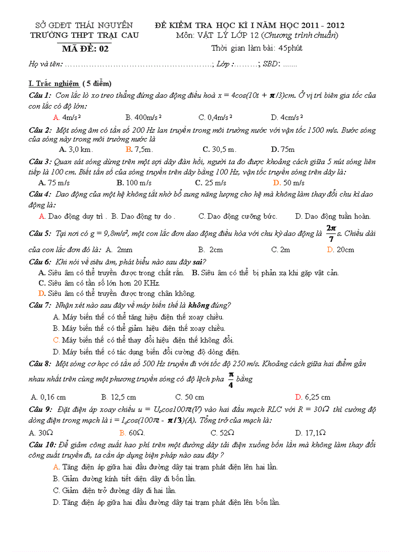 image for page De thi hoc kỳ I mon vat lý 12 4 ma de
