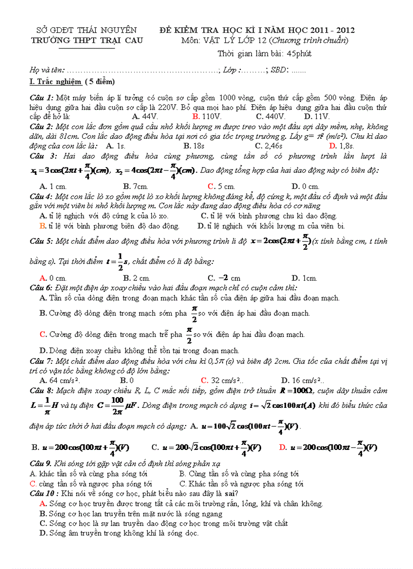 image for page De thi hoc kỳ I mon vat lý 12 4 ma de