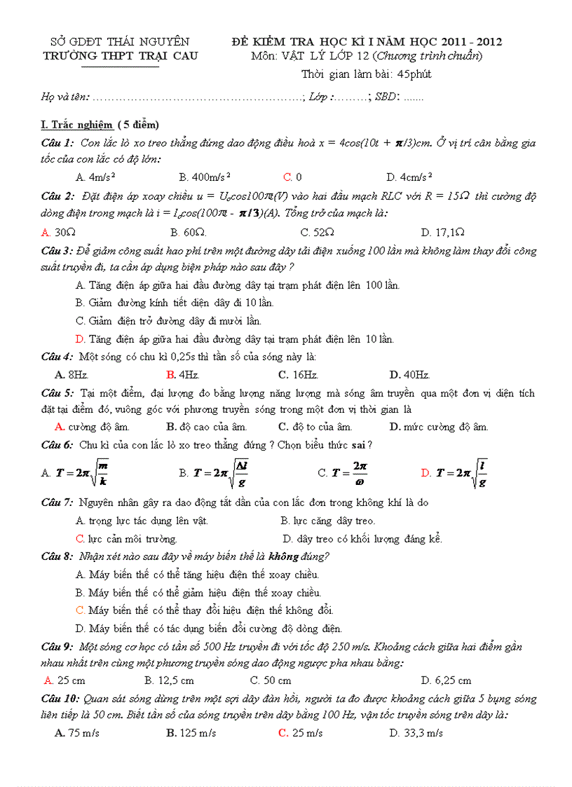 image for page De thi hoc kỳ I mon vat lý 12 4 ma de