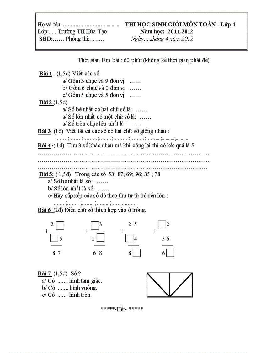image for page Đê thi HS giỏi môm Toán Lớp 1 Hoang Năm 2011 2012