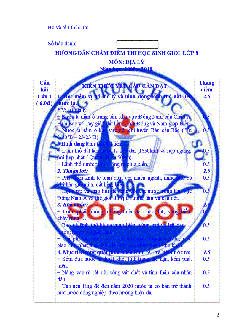 image for page Đề thi HSG Địa lý 8 năm 2009 2012