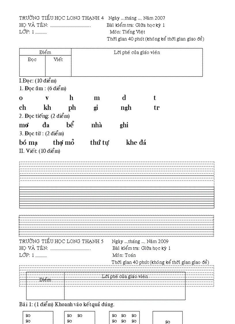 Đề thi lớp 1 2 3 4