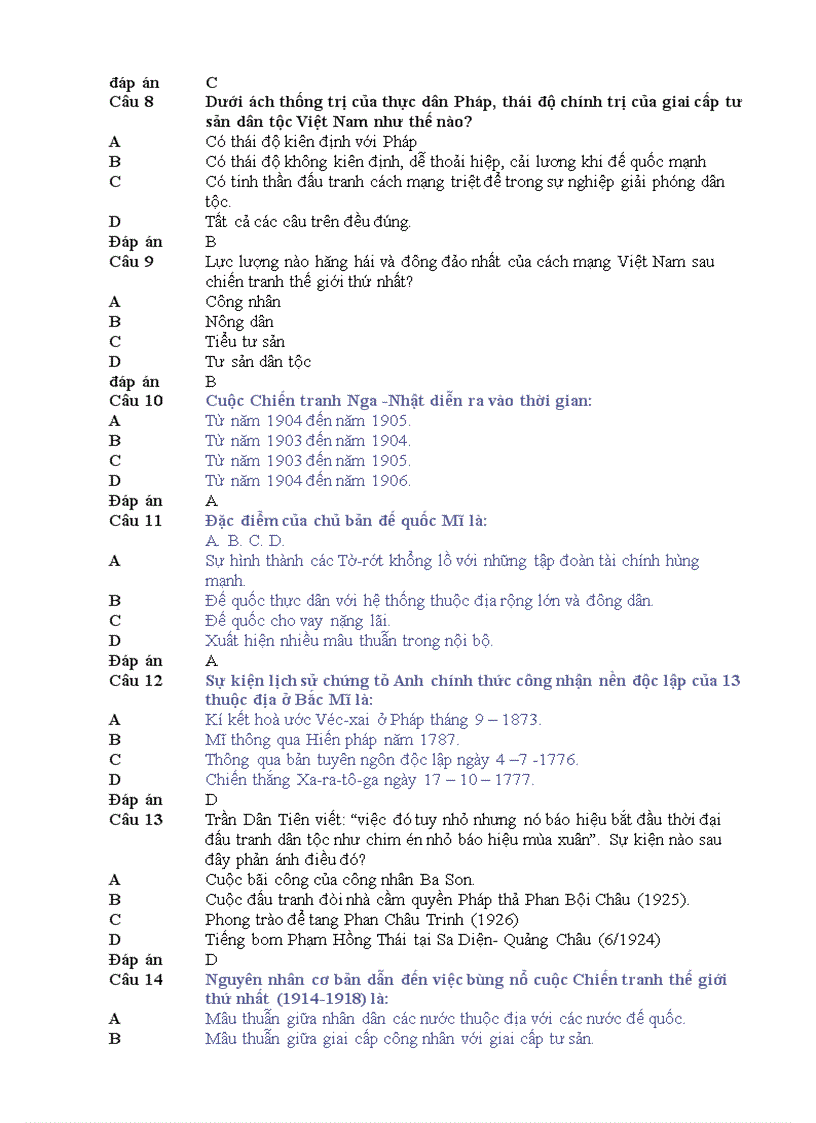 Đề thi trắc nghiệm môn lịch sử