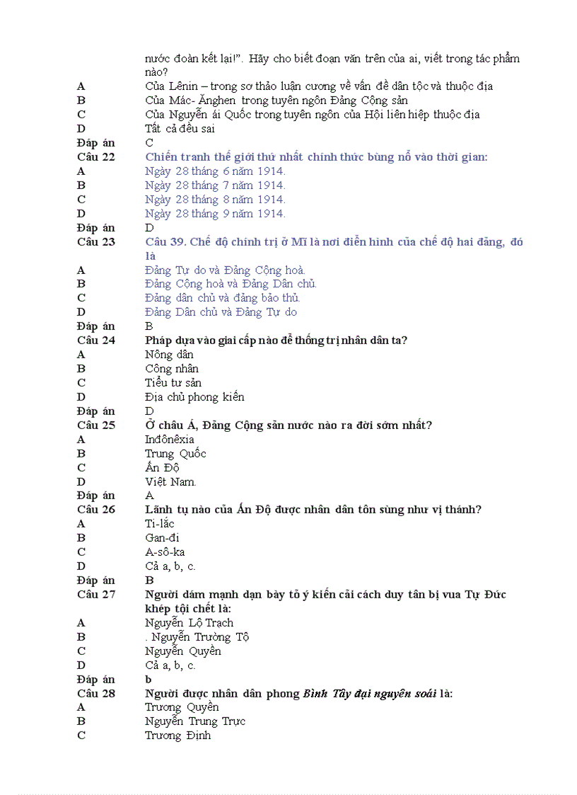 Đề thi trắc nghiệm môn lịch sử