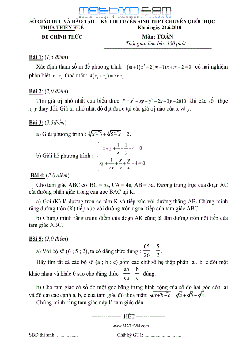 image for page Đè thi tuyển sinh vào lớp 10 Quốc Học Huế 2010