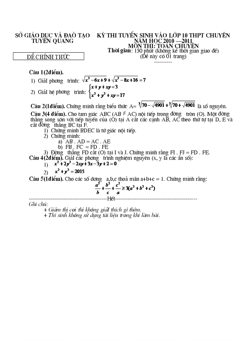 image for page De thi vao chuyen Toan nam hoc 2010 2011