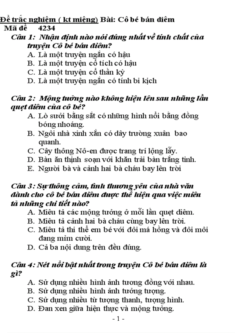 image for page Đề trắc nghiệm kt miệng cô bé bán diêm