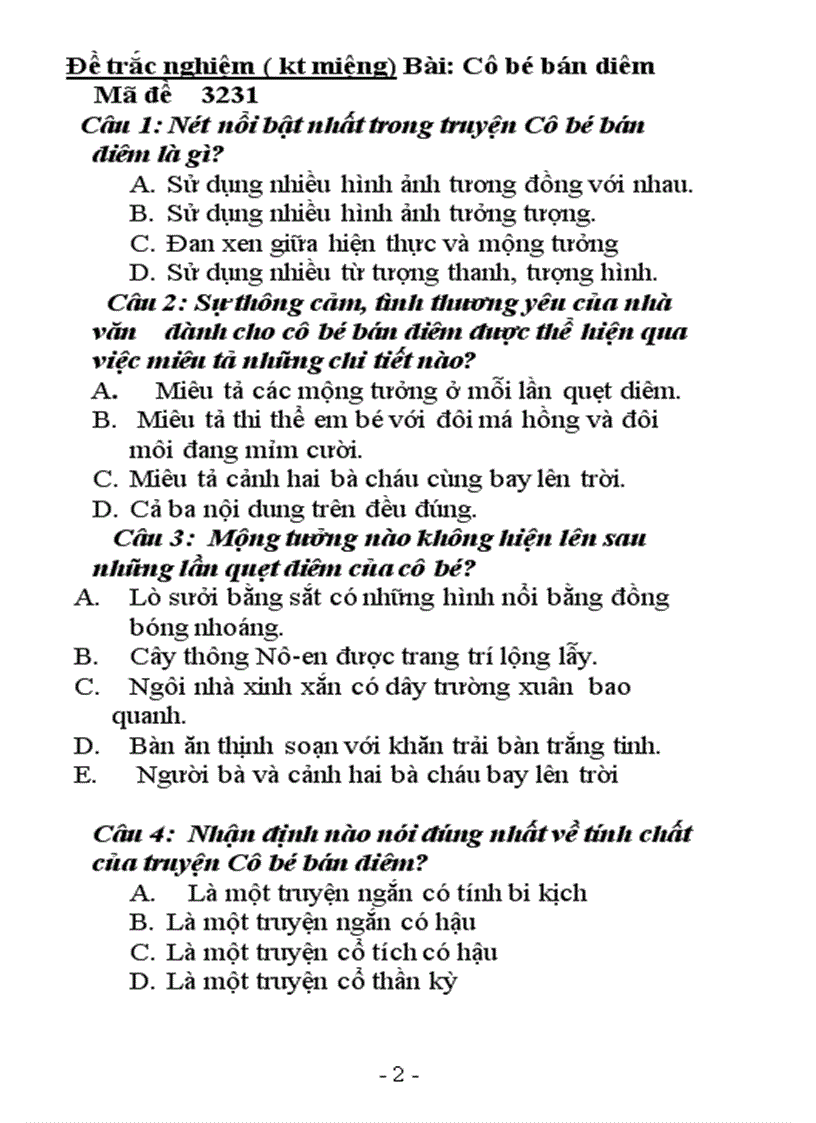 image for page Đề trắc nghiệm kt miệng cô bé bán diêm