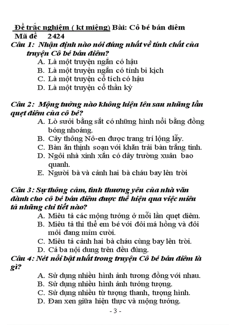 image for page Đề trắc nghiệm kt miệng cô bé bán diêm