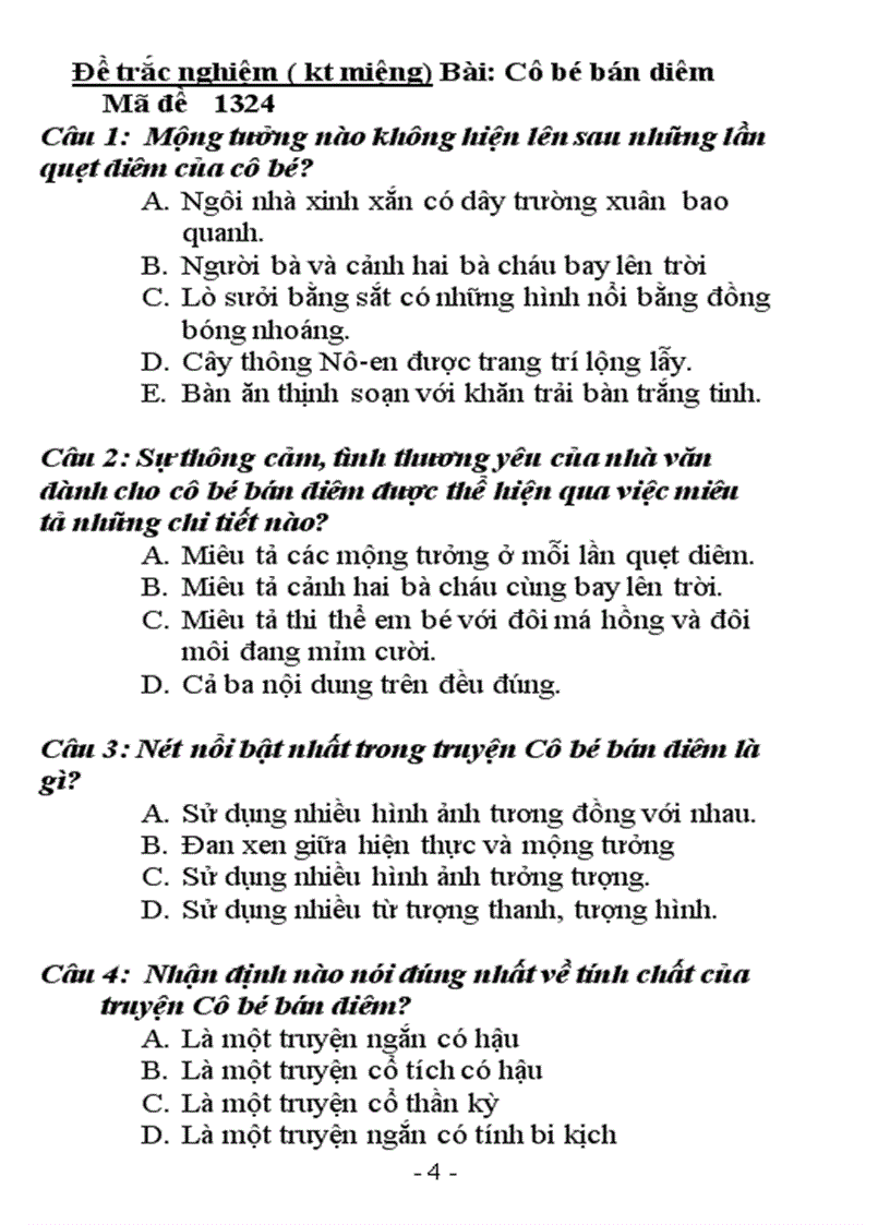 image for page Đề trắc nghiệm kt miệng cô bé bán diêm