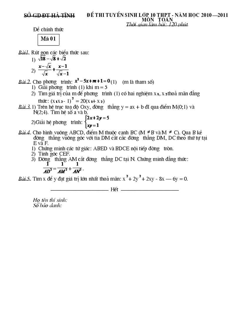 Đề TS 10 Hà Tĩnh môn toán 2010 2011