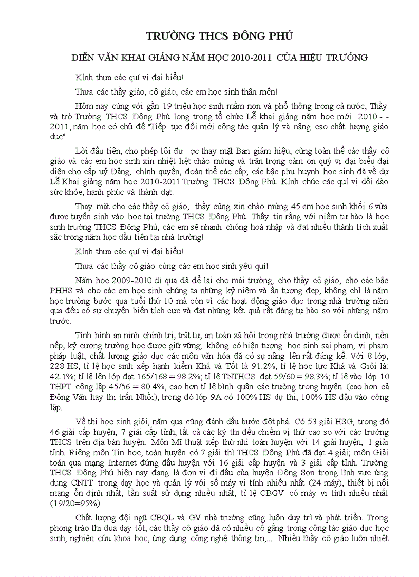 image for page Diễn văn khai giảng năm học 2010 2011 của hiệu trưởng trường thcs đông phú