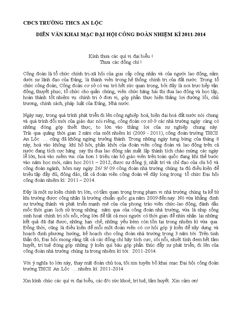 image for page Diễn văn khai mạc Đại hội Công Đoàn Cơ Sở
