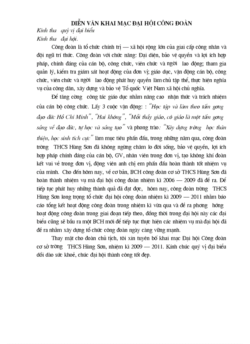 image for page Diễn văn khai mạc đại hội công đoàn