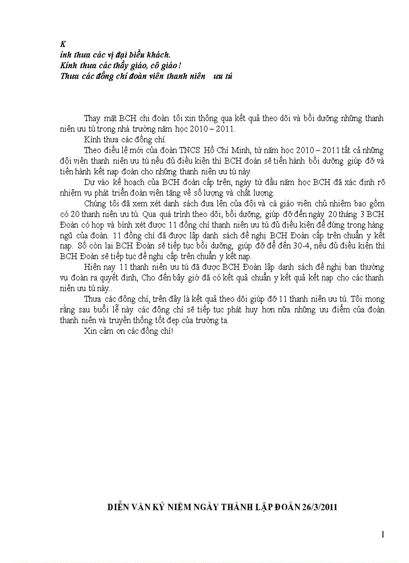 image for page Diễn văn kỷ niêm 80 năm TLĐ TNCS HCM
