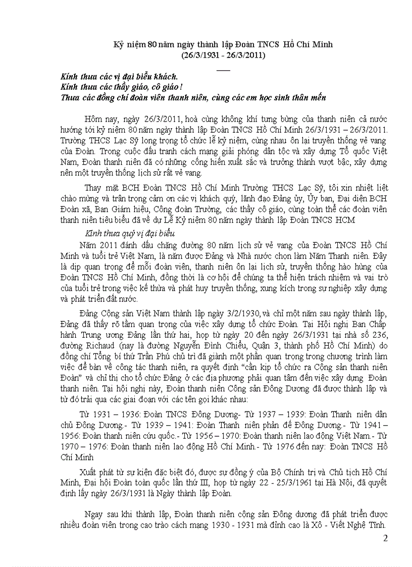 image for page Diễn văn kỷ niêm 80 năm TLĐ TNCS HCM