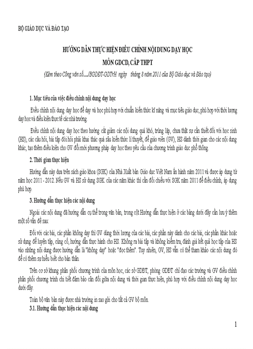 image for page Điều chỉnh nội dung DH môn GDCD cấp THPT 2011 2012