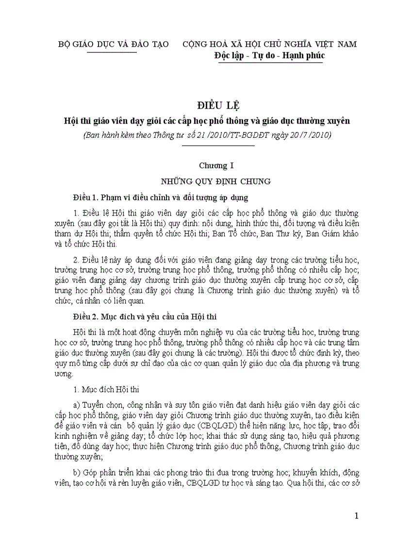 Điều lệ Hội thi giáo viên dạy giỏi các cấp học phổ thông và giáo dục thường xuyên