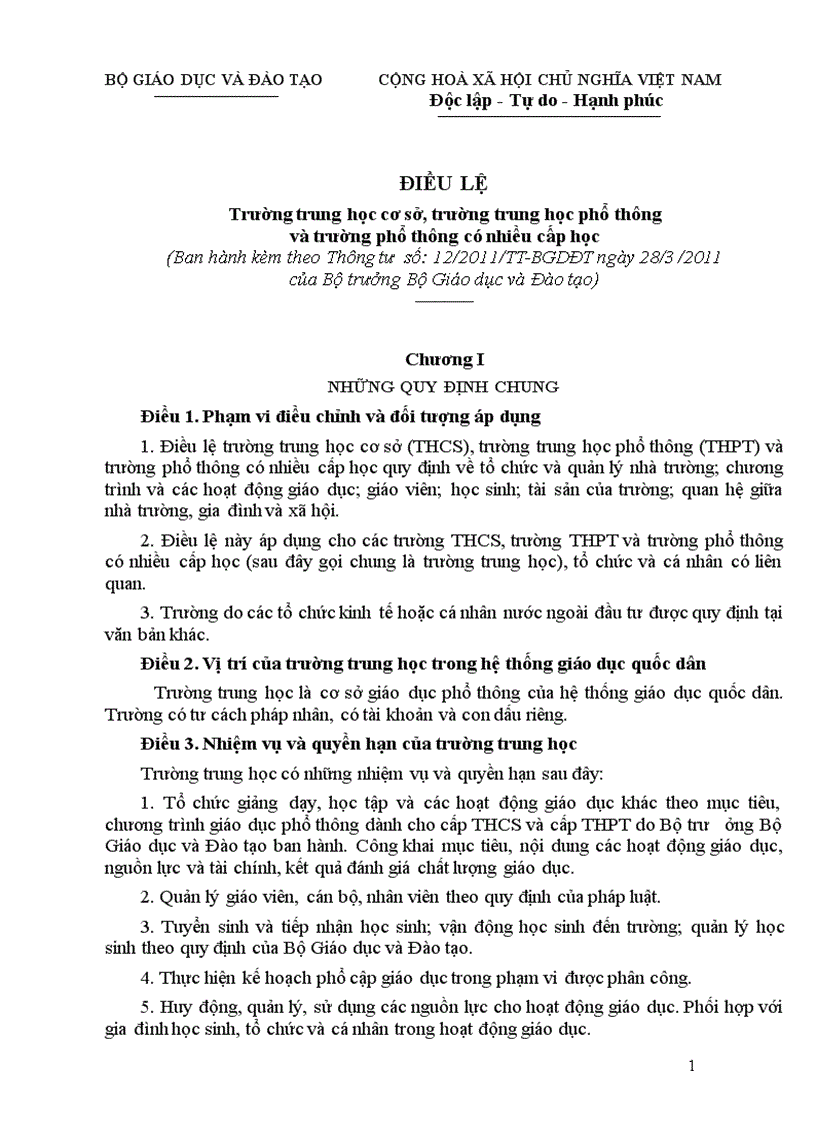 image for page Diều lệ trường THCS THPT áp dụng từ 1 5 2011