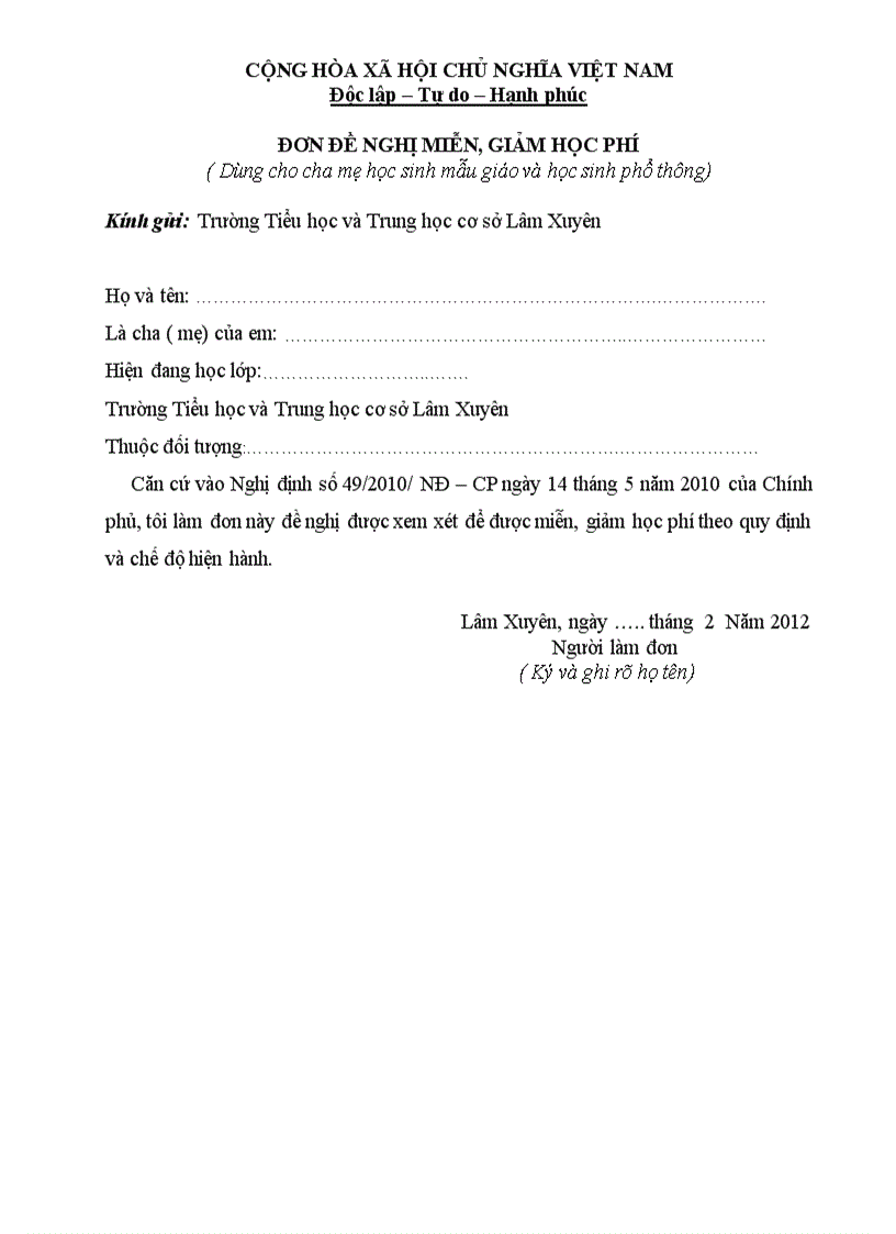 image for page Đơn hỗ trợ chi phí học tập và miễn giảm học phí