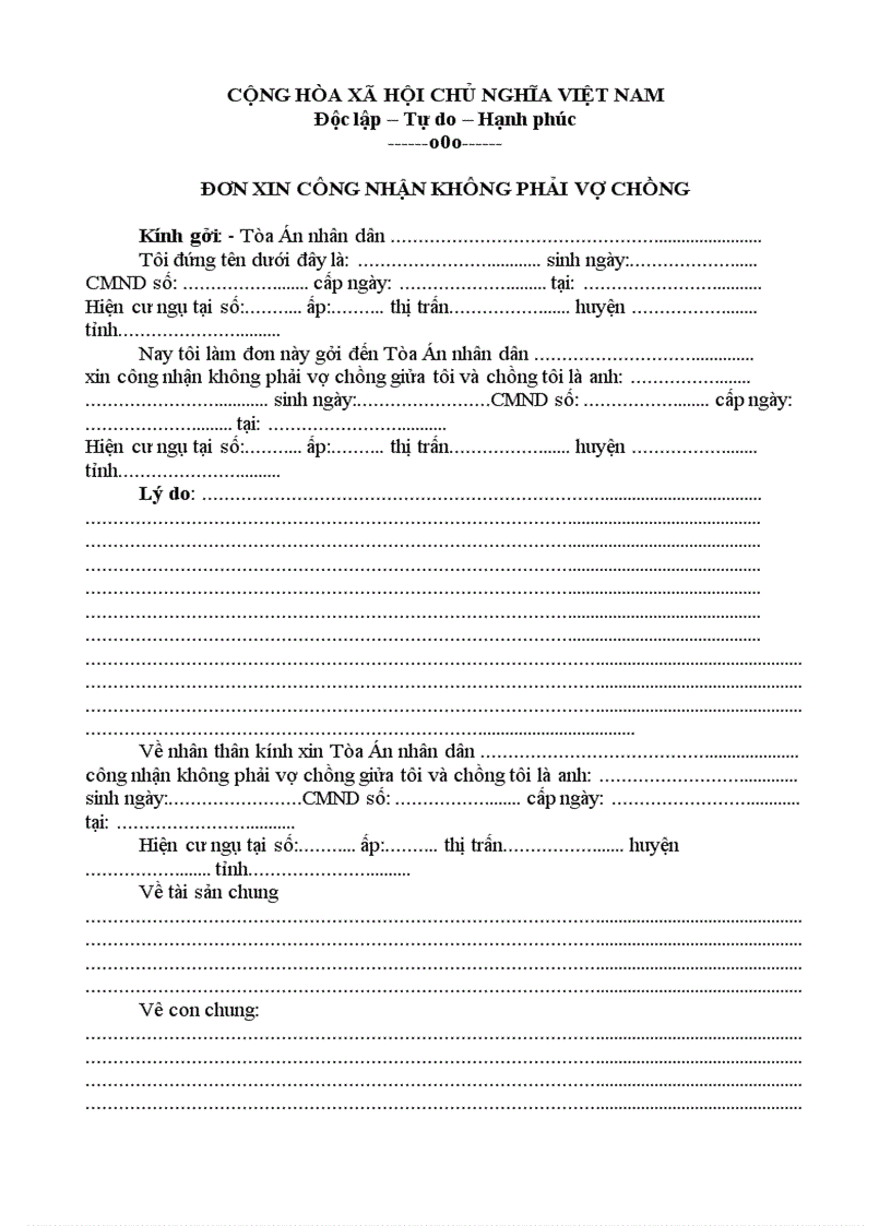 image for page Đơn xin công nhận không là vợ chồng