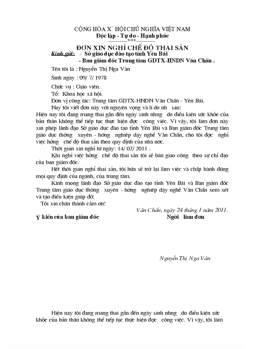 image for page Don xin nghi che do thai san