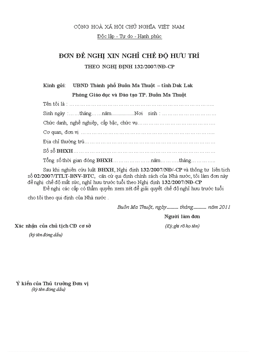 image for page Đơn Xin Nghỉ Hưu Trước Tuổi NĐ 132