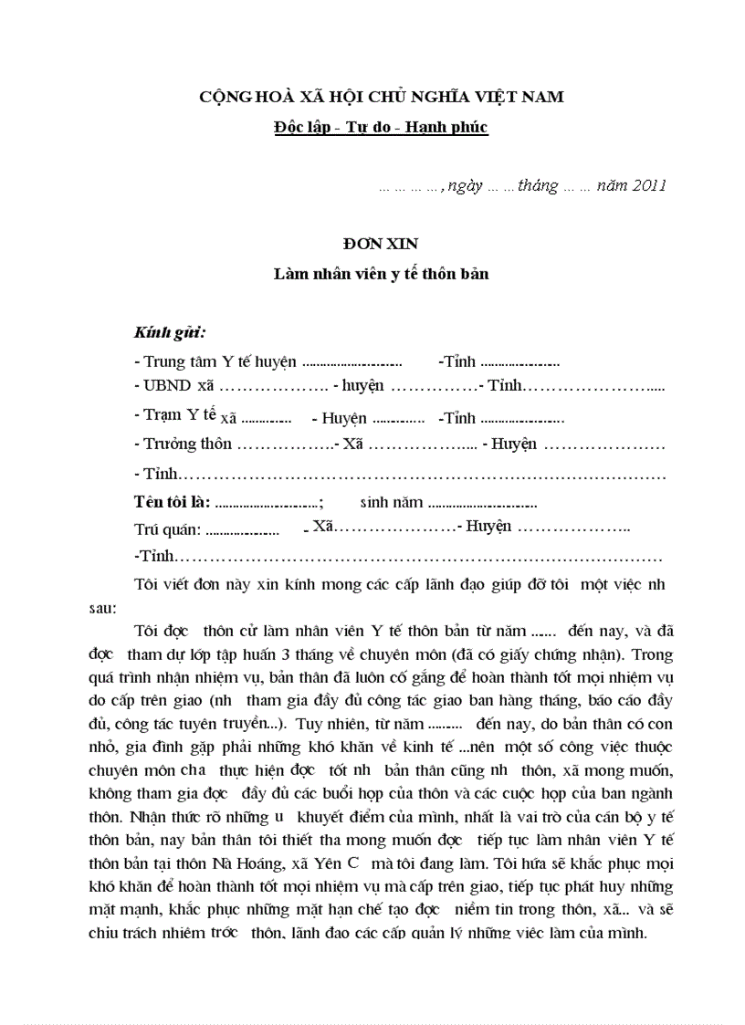 image for page Đơn xin tiếp tục công tác Y Tế thhôn bản