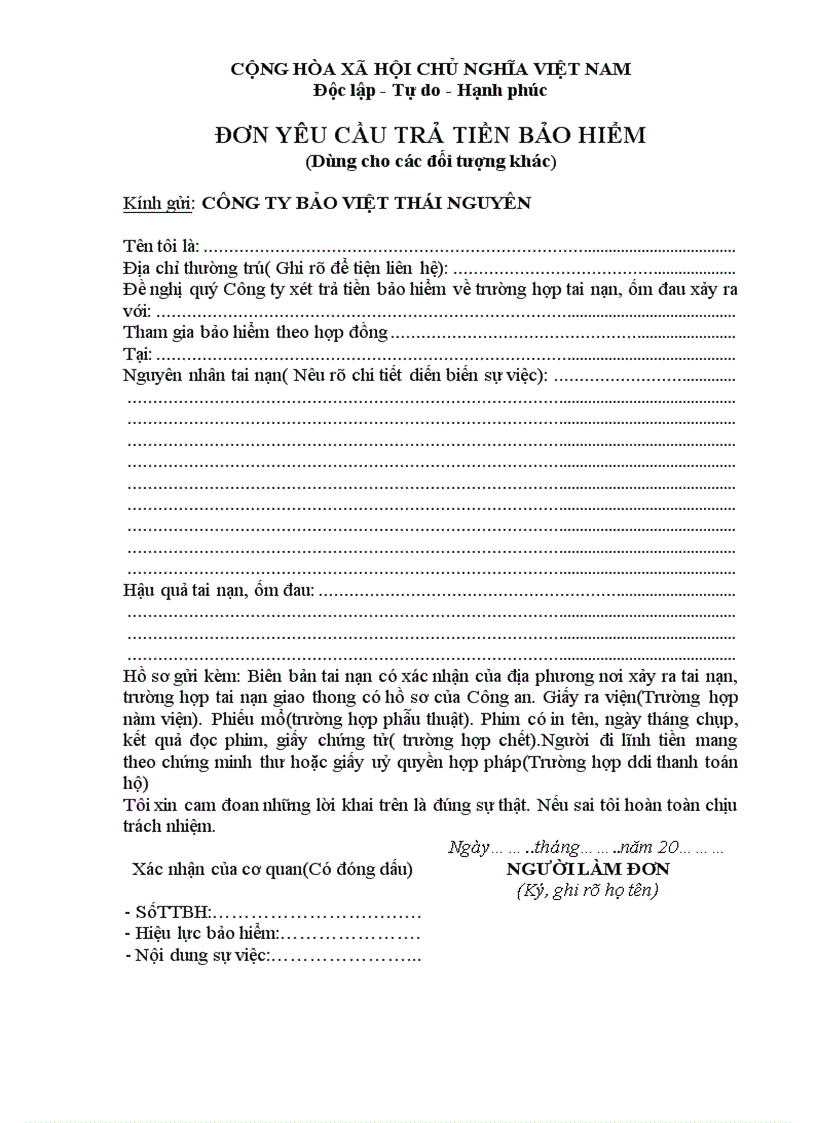 image for page Đơn yêu cầu trả tền bảo hiểm