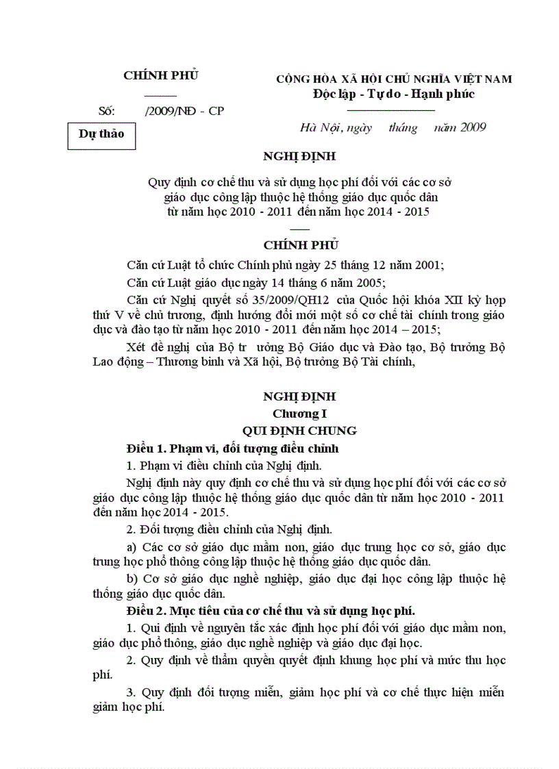 image for page Dự thảo quy định thu học phí từ năm 2010
