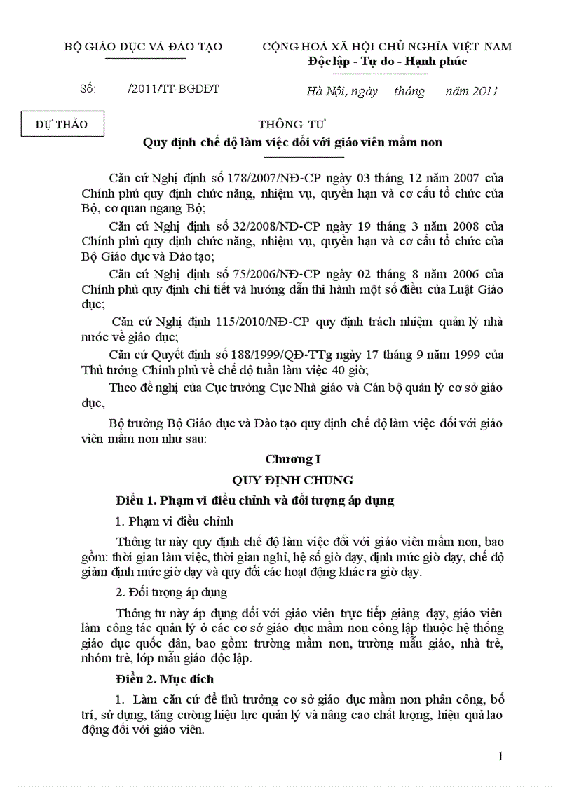 image for page Dự thảo Thông tư Quy định chế độ làm việc đối với giáo viên mầm non