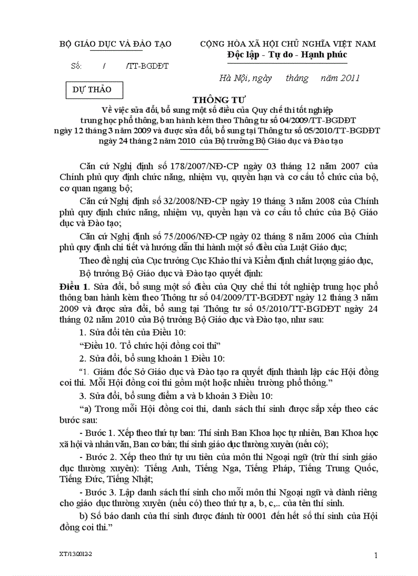 image for page DỰ THẢO Về việc sửa đổi bổ sung một số điều của Quy chế thi tốt nghiệp trung học phổ thông 2011