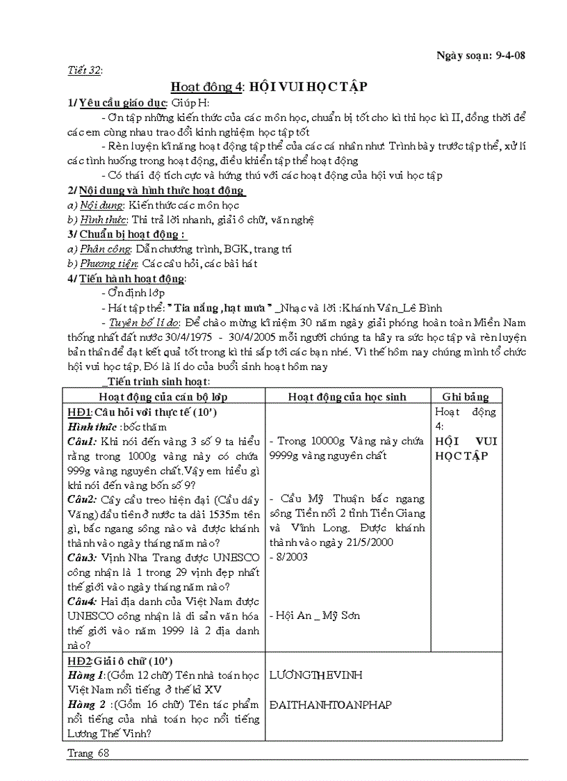 image for page Giao an Hoat Dong Ngoai Gio HK2 lop 7