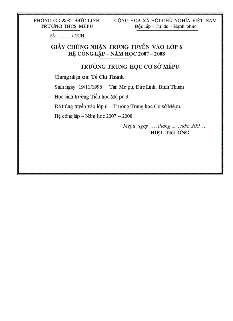 image for page Giấy trúng tuyển vào lớp 6