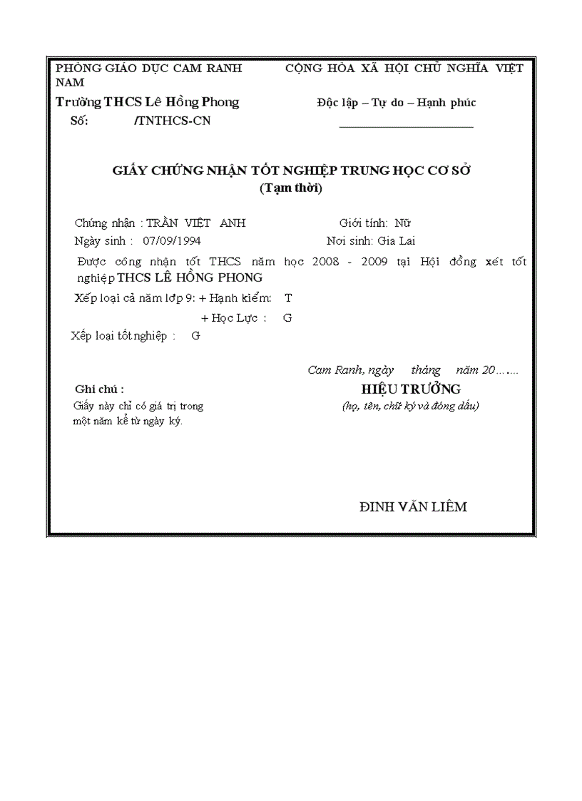 image for page Giấychứng nhận TN tạm thời