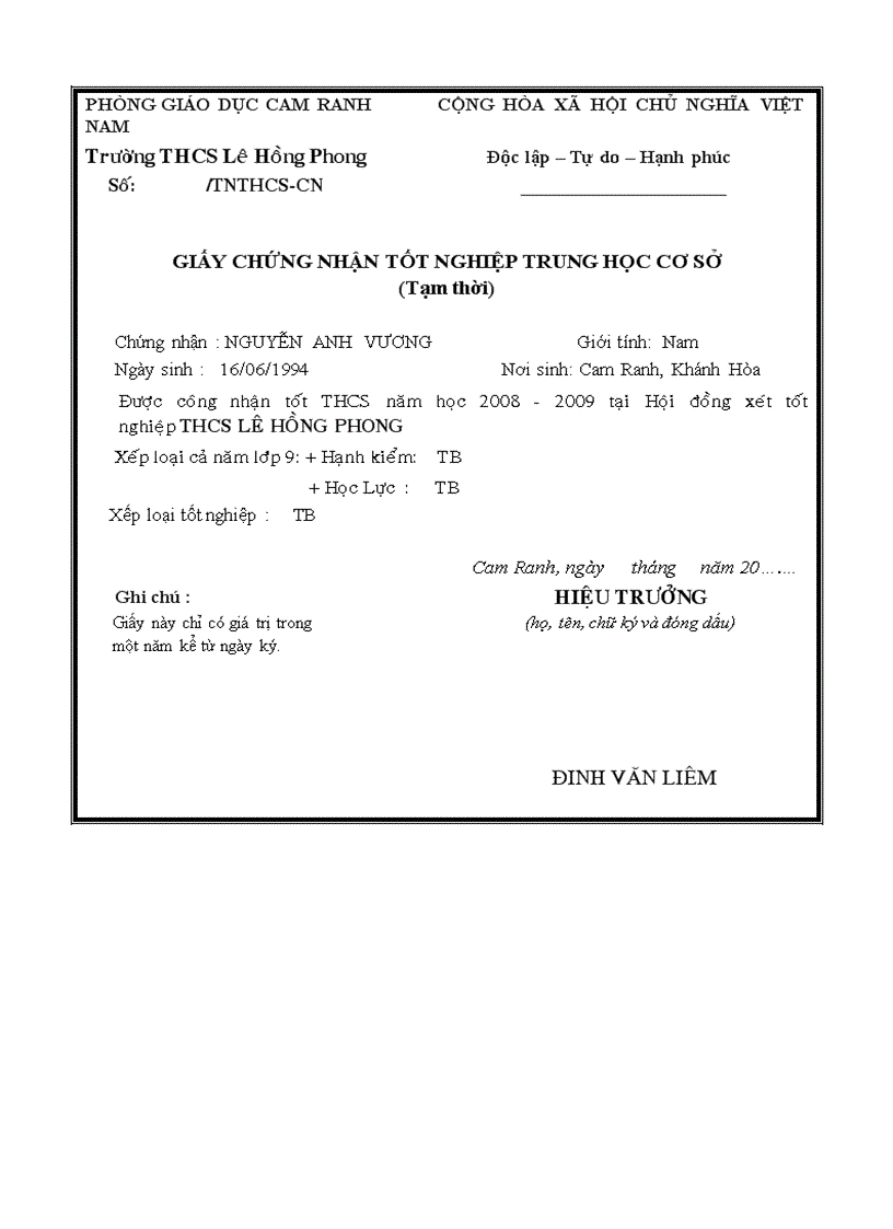 image for page Giấychứng nhận TN tạm thời