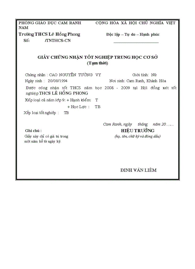 image for page Giấychứng nhận TN tạm thời